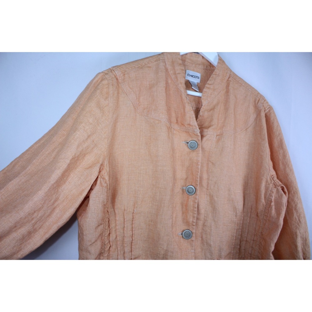 Chico's Jacket Womens Size 3 Orange Linen Button Shacket Lagenlook Art to Wear - Picture 5 of 12